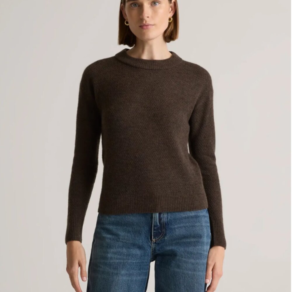 Quince Baby Alpaca Wool Diamond Stitched Crew Sweater, S, Dark Walnut